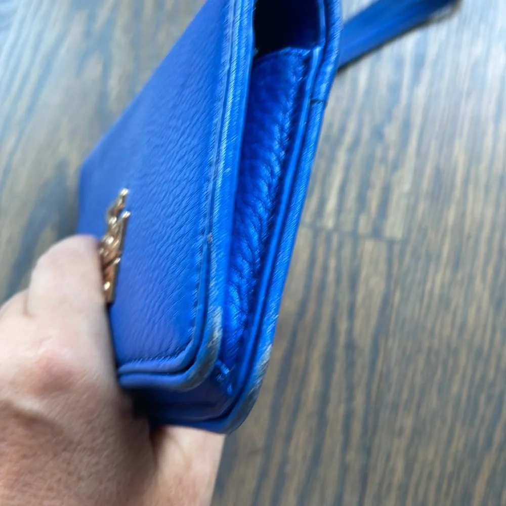 Women’s Tory Burch Blue Pebble Grain Leather Wallet/Wristlet